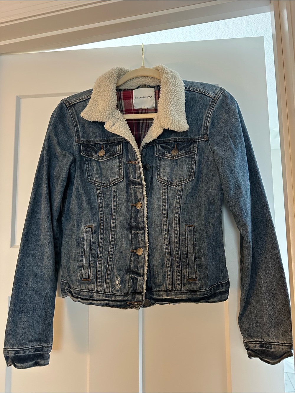 Thread & Supply Red Plaid Flannel Jacket with Cream Sherpa